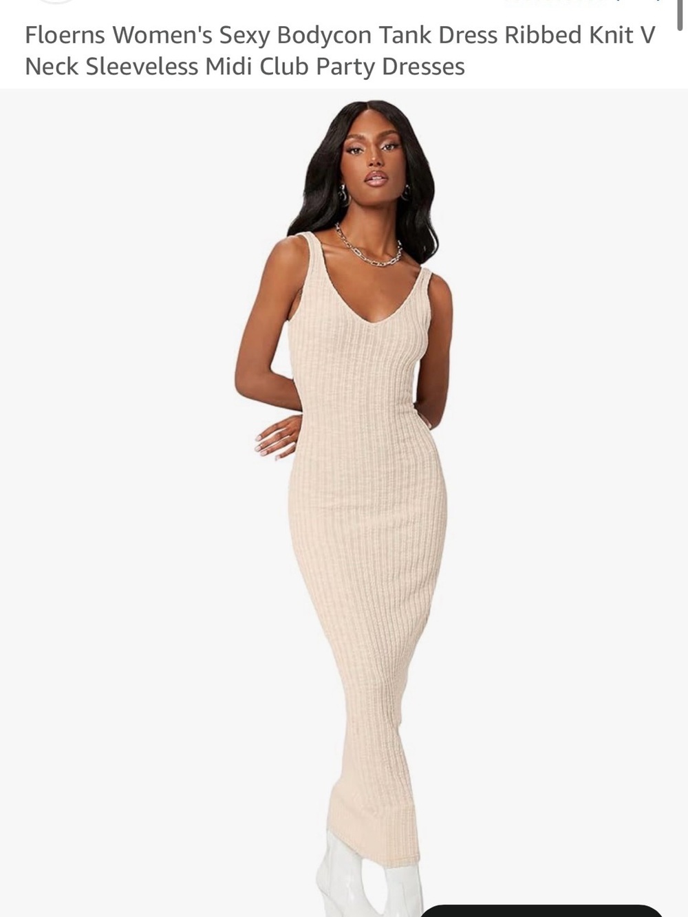Ribbed Knit V-Neck Bodycon Midi Dress - Beige